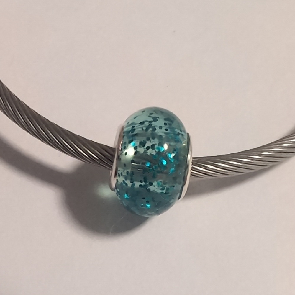 Silver and Blue Translucent Glittery Charm for Pandora Style‎ Bracelet